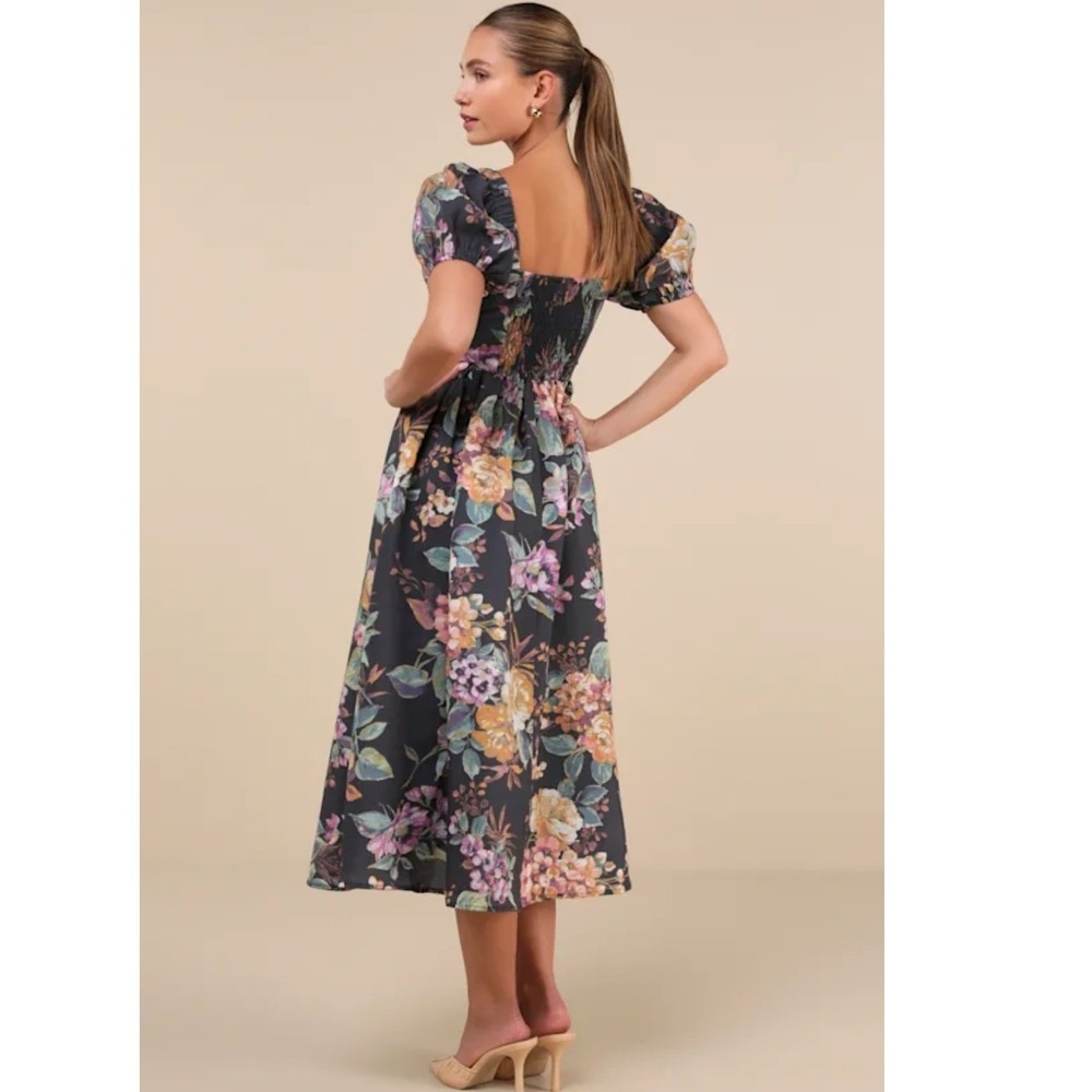 Lulus Adorable Tendencies Dark Grey Floral Puff Sleeve Midi Dress Size Large NWT - Picture 2 of 9
